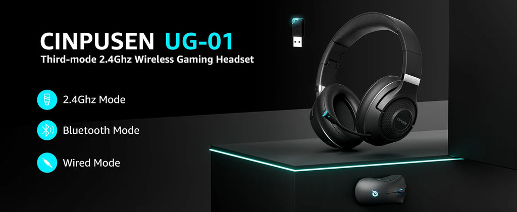 CINPUSEN UG-01 2.4Ghz Wireless Gaming Headset for PC, PS5, PS4, MacBook, with Microphone, Soft Earmuff - 40 Hours Playtime
