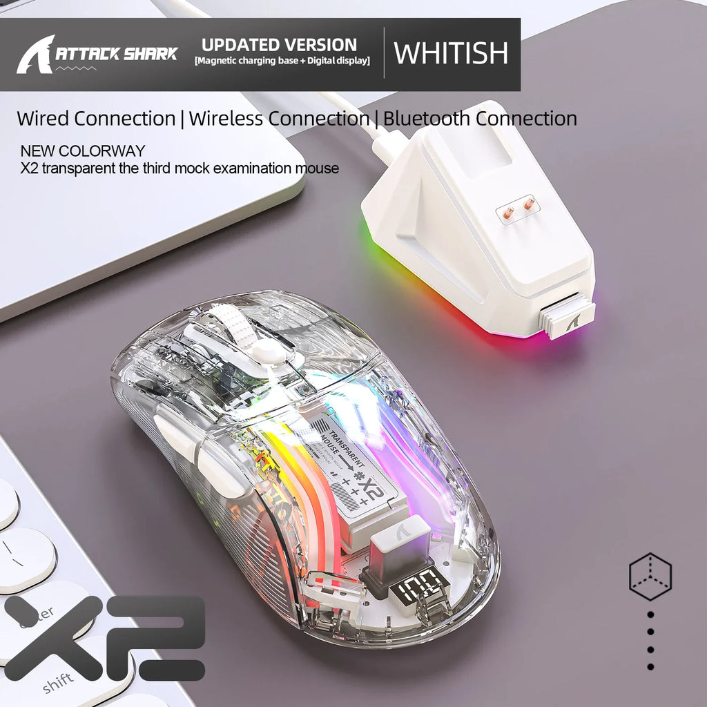 Attack Shark X2 Pro Magnetic Charging  Bluetooth Mouse, Tri-Mode , RGB Lights, Transparent, Battery Indicator, Computer Phone