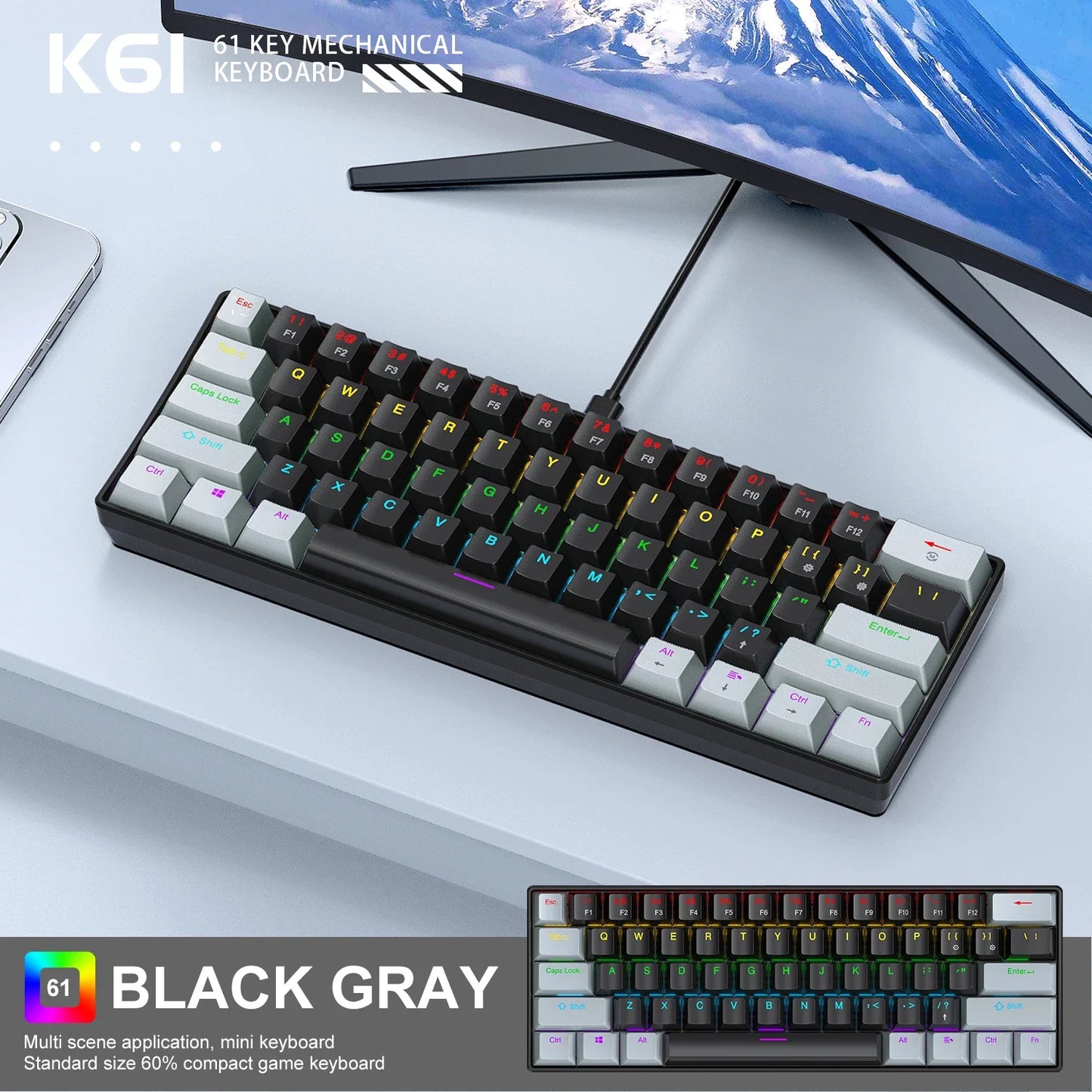K61 61-keys Wired Mechanical Keyboard,Type-C Interface,Desktop Computers, Laptops