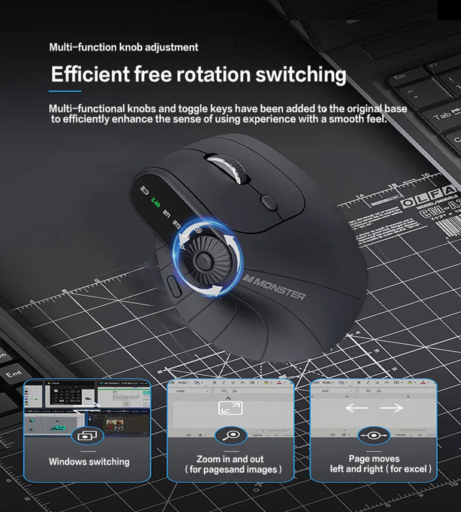 Ergonomic Vertical Wireless Mouse With Function Adjustment Knob Bluetooth 2.4G Dual Mode Wireless Rechargeable Mouse for Desktop