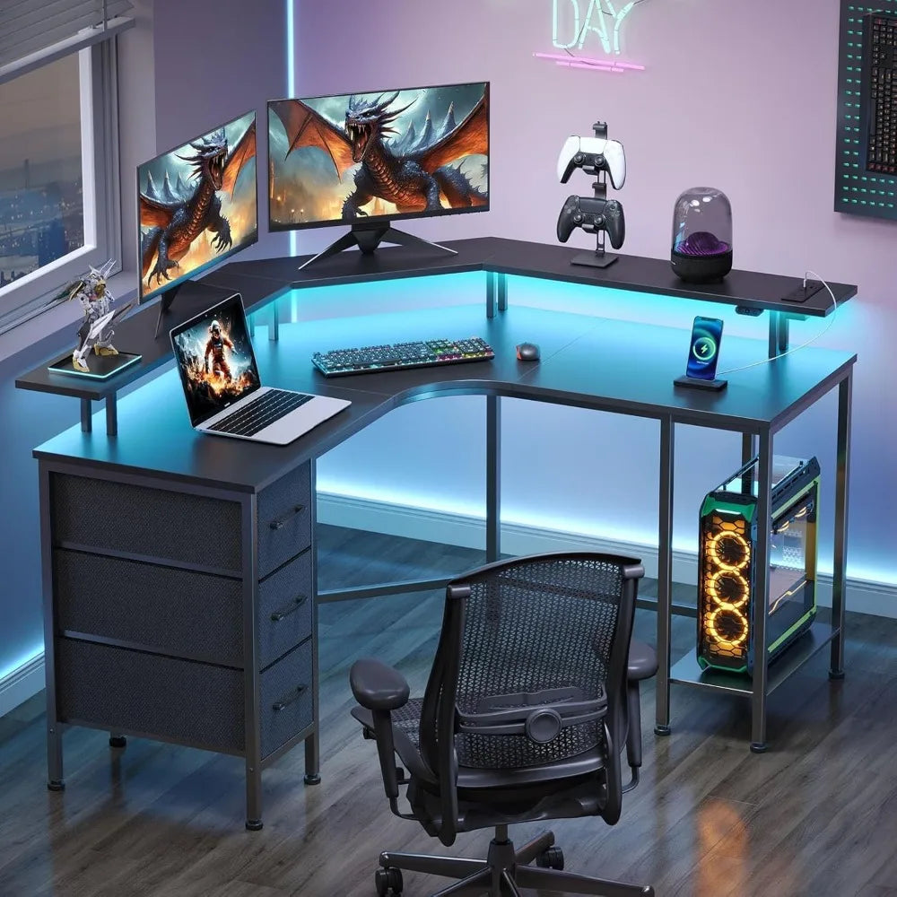 Computer Desk, Reversible Gaming Desk with Storage Shelves, Corner Desk with Monitor Stand