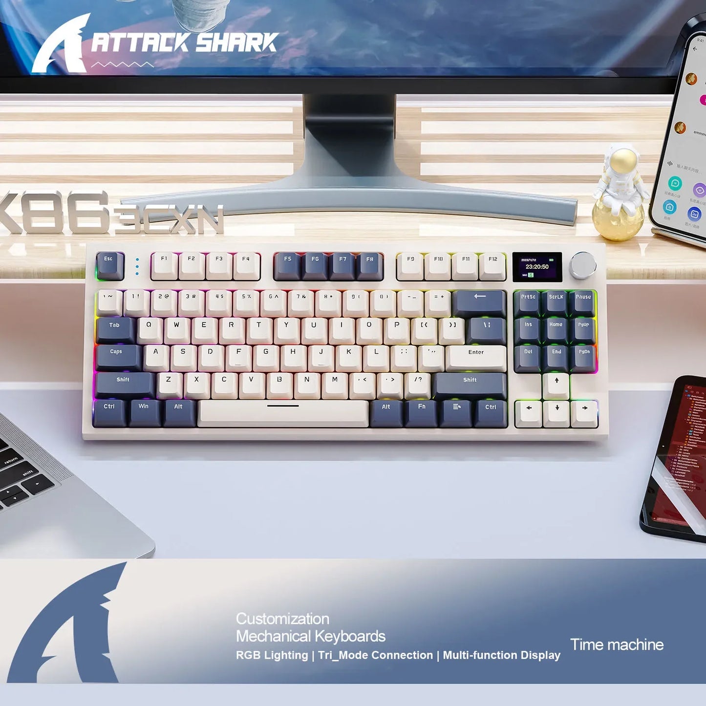 Attack Shark K86 Wireless Mechanical Keyboard,RGB TFT Screen ,Hot Swap, Metal Knob,Tri-mode Connectivity,macro Gaming Keyboar