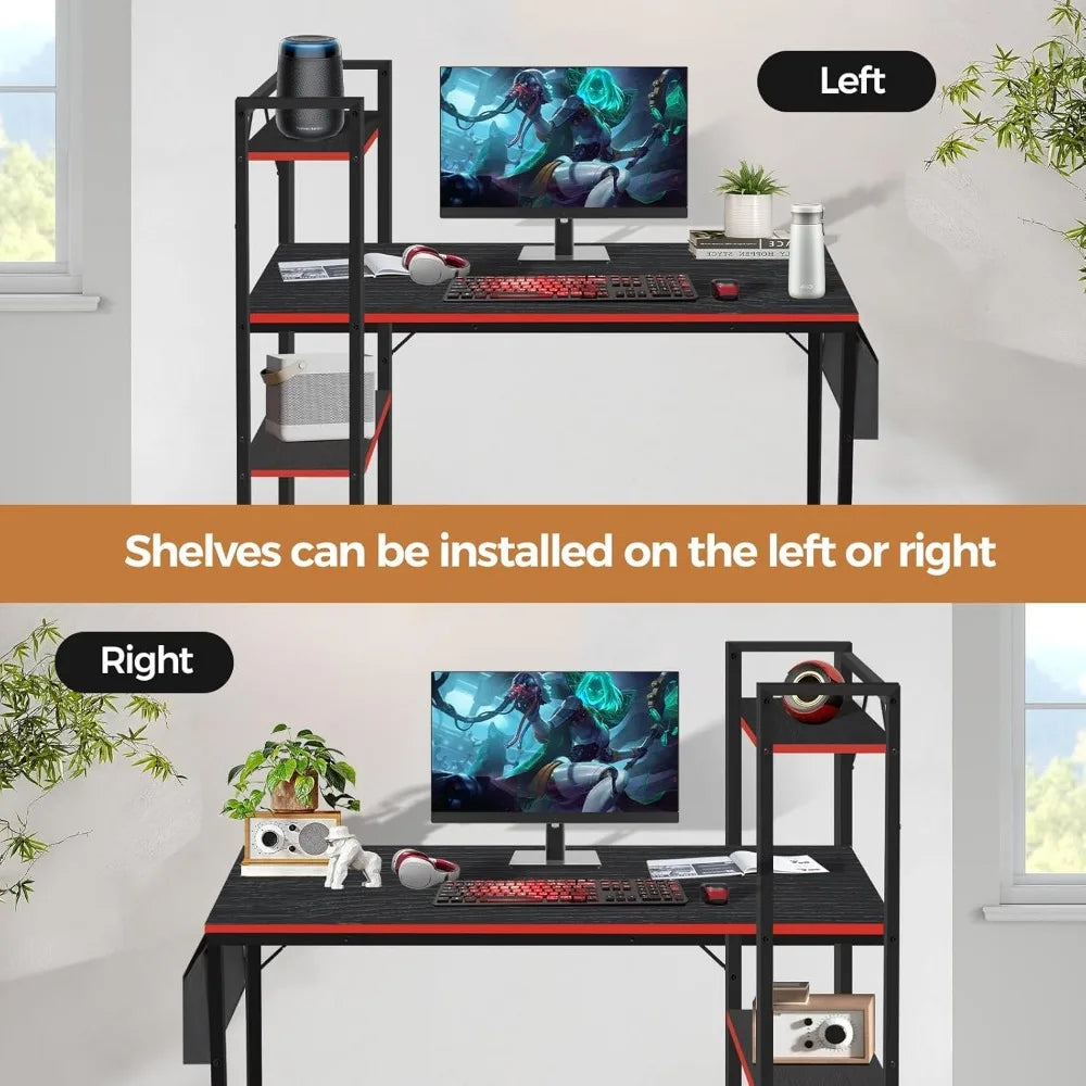 47.2 Inch Gaming Desk Computer Desk, Writing Desk with Adjustable Shelves & Side Storage Bag, Compact Home Office Desks