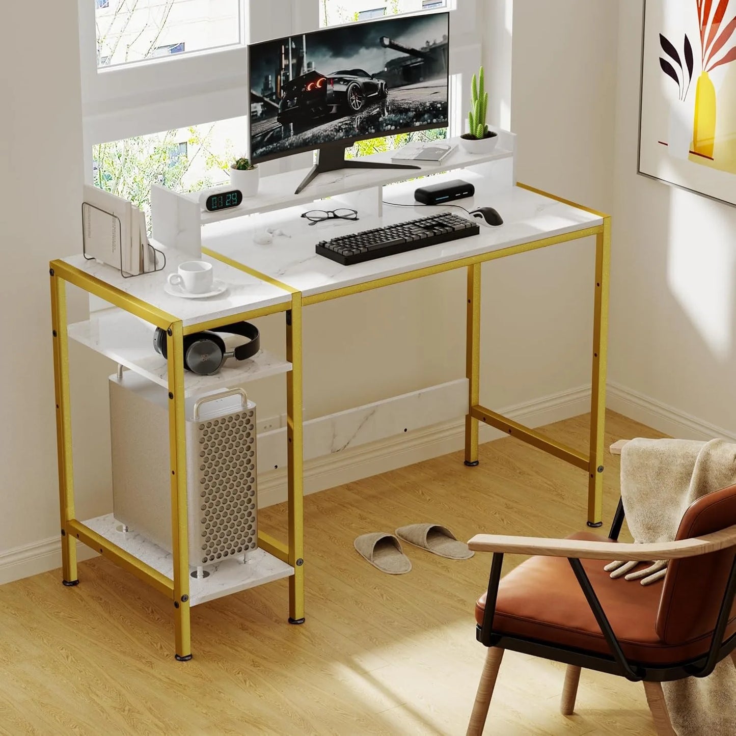 Gaming Desk with Monitor Stand, Storage and Marble Design - Adjustable Home Office Writing Desk