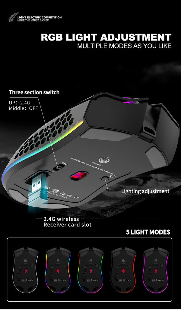 BM600 Rechargeable USB 2.4G Wireless RGB Light Honeycomb Gaming Mouse Desktop PC Computers Notebook Laptop Mice Mause Gamer Cute
