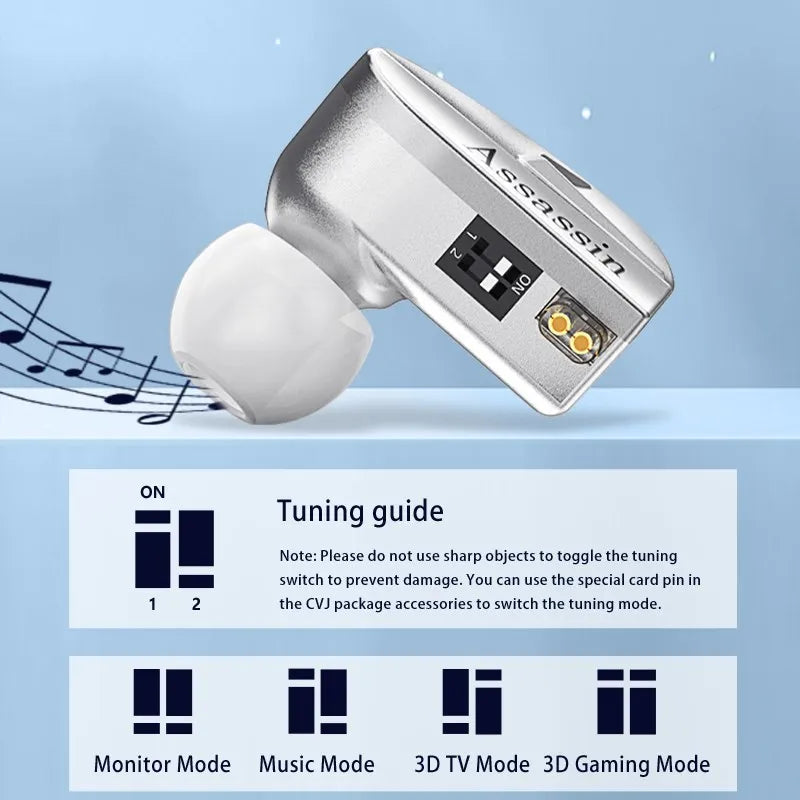 CVJ Assassin Silver in Ear Earphones 1BA+1DD+1Vibrate Game Mode HIFI Microphone Hybrid Tuning Switch Wired Earbuds IEM Headphone