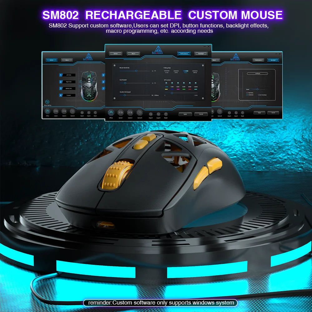 SOLAKAKA SM802 Tri-mode Gaming Mouse Wireless Silent RGB Honeycomb Gaming Mouse Ergonomic 2.4G/BT/Wired E-sports Mice For PC