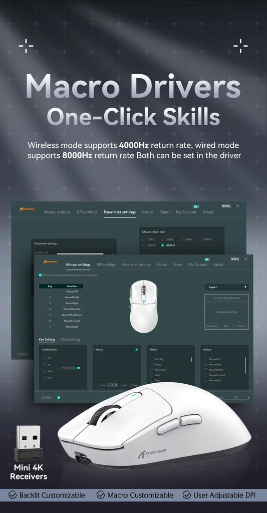 Attack Shark X3 Wireless Mouse,PixArt PAW3395 26K DPI  1K/4K Lightweight Mouse ,Tri-Mode Macro Gaming Mouse,Laptop/win/mac