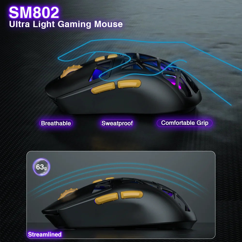 SOLAKAKA SM802 Tri-mode Gaming Mouse Wireless Silent RGB Honeycomb Gaming Mouse Ergonomic 2.4G/BT/Wired E-sports Mice For PC