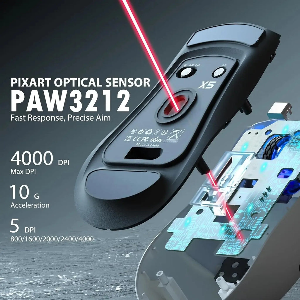 Attack Shark X5 Wireless Mouse Bluetooth Tri-Mode PAW3212 Sensor 4000DPI Optical RGB Mouse for PC Laptop Office Gaming