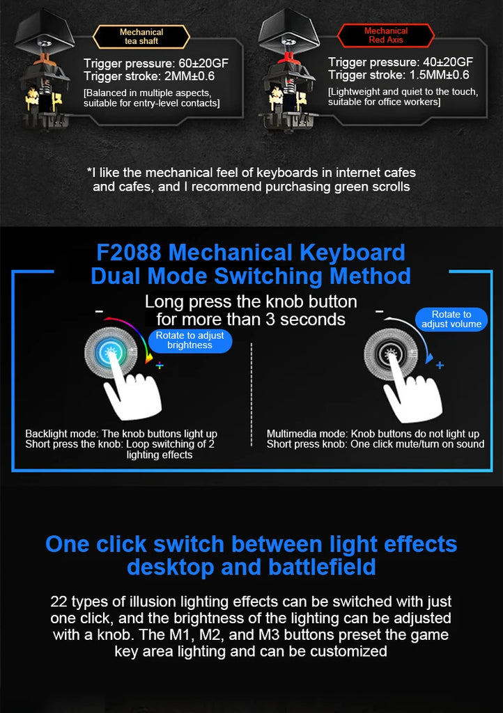 AULA F2088 Mechanical Keyboard Wired Gaming Keyboard Multi-Function Knob 104 Keys Magic Backlit Keyboard Macro Programming Compu