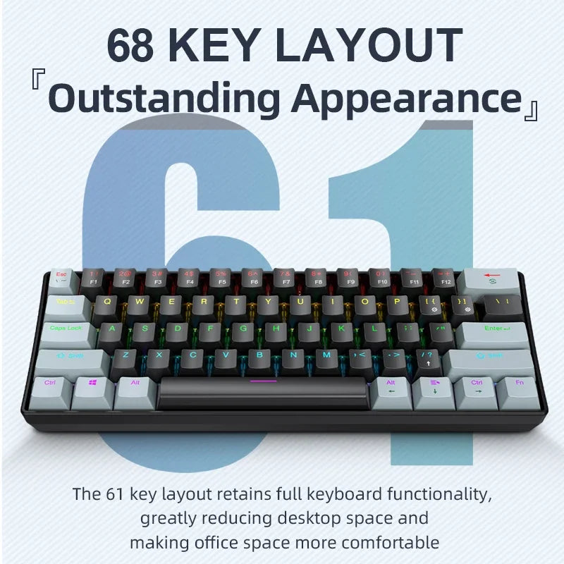 K61 61-keys Wired Mechanical Keyboard,Type-C Interface,Desktop Computers, Laptops