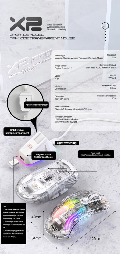 Attack Shark X2 Pro Magnetic Charging  Bluetooth Mouse, Tri-Mode , RGB Lights, Transparent, Battery Indicator, Computer Phone