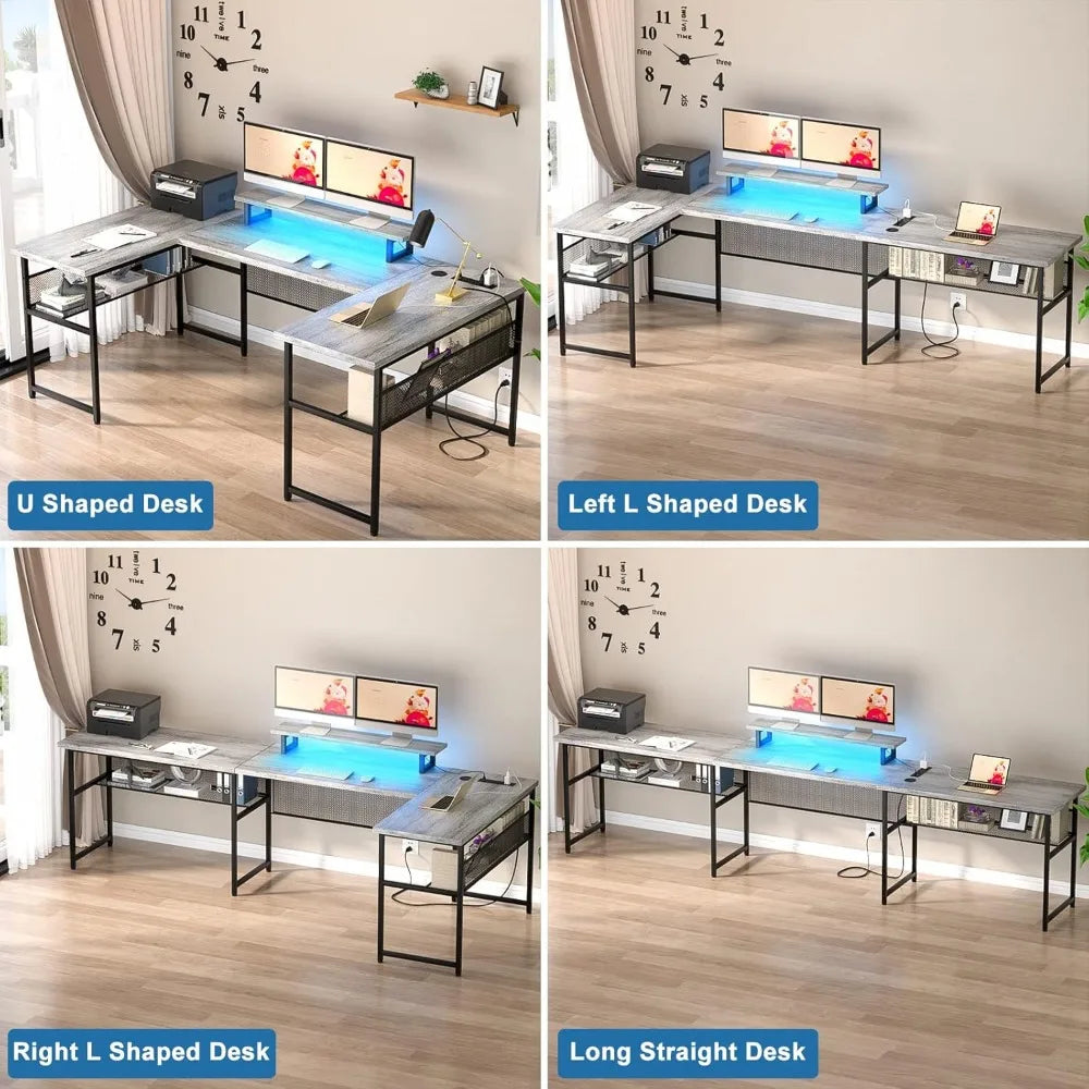 U Shaped Computer Desk with Power Outlet and LED Strip, Reversible L Shaped Office Desk with Monitor Stand and Bookshelf