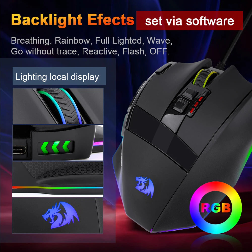 REDRAGON SNIPER M801 USB RGB Wired Gaming Mouse PAW3327 9 buttons programmable 12400DPI game Optical mice for PC Laptop Computer