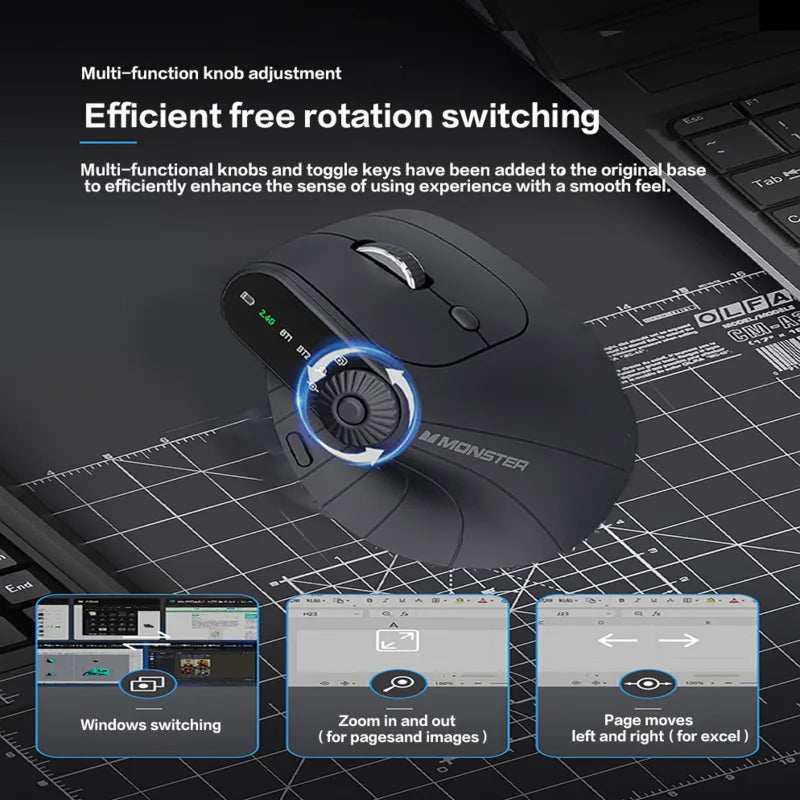 Ergonomic Vertical Wireless Mouse With Function Adjustment Knob Bluetooth 2.4G Dual Mode Wireless Rechargeable Mouse for Desktop