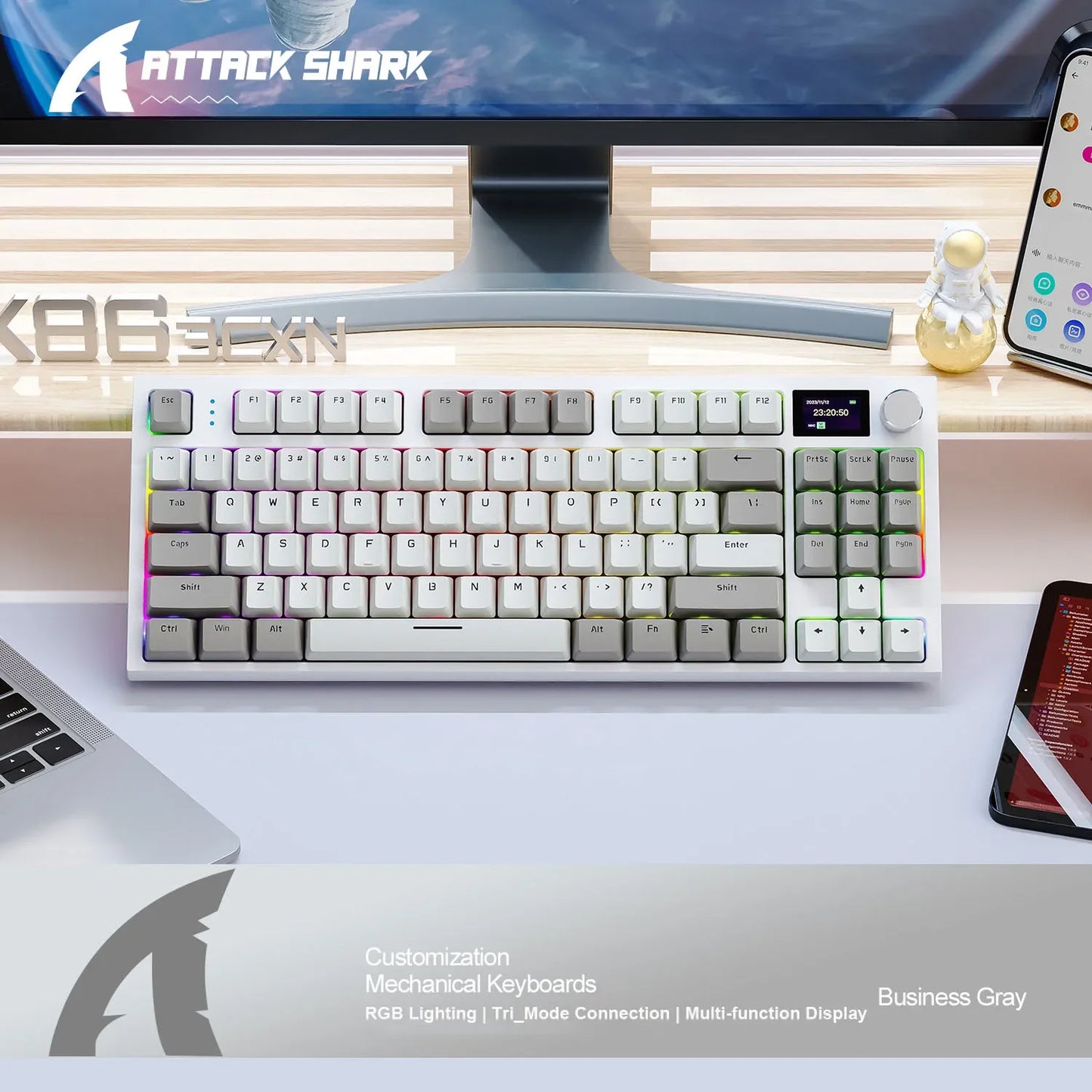 Attack Shark K86 Wireless Mechanical Keyboard,RGB TFT Screen ,Hot Swap, Metal Knob,Tri-mode Connectivity,macro Gaming Keyboar