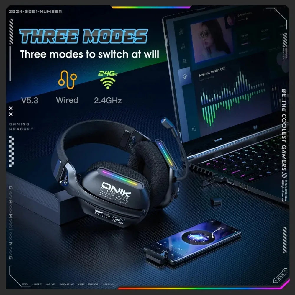 ONIKUMA Wireless Headphones RGB Lighting 2.4G Bluetooth Gaming Headset Active Noise Reduction Ultra Long Life for PC Gamer GT808