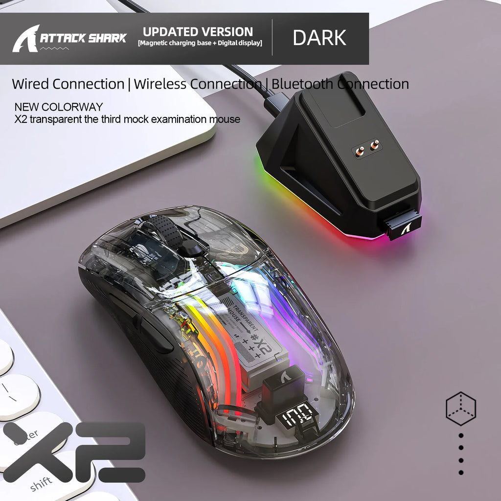 Attack Shark X2 Pro Magnetic Charging  Bluetooth Mouse, Tri-Mode , RGB Lights, Transparent, Battery Indicator, Computer Phone