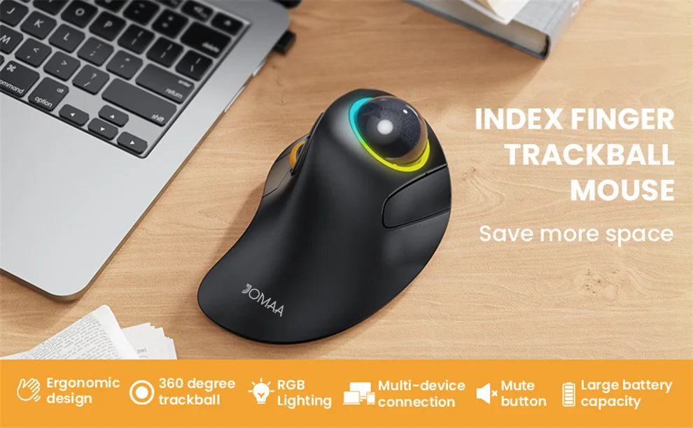 JOMAA RGB Backlit Wireless Trackball Mouse Wireless 2.4G Rechargeable Ergonomic Rollerball Gaming Mouse for Laptop Mac iPad Game