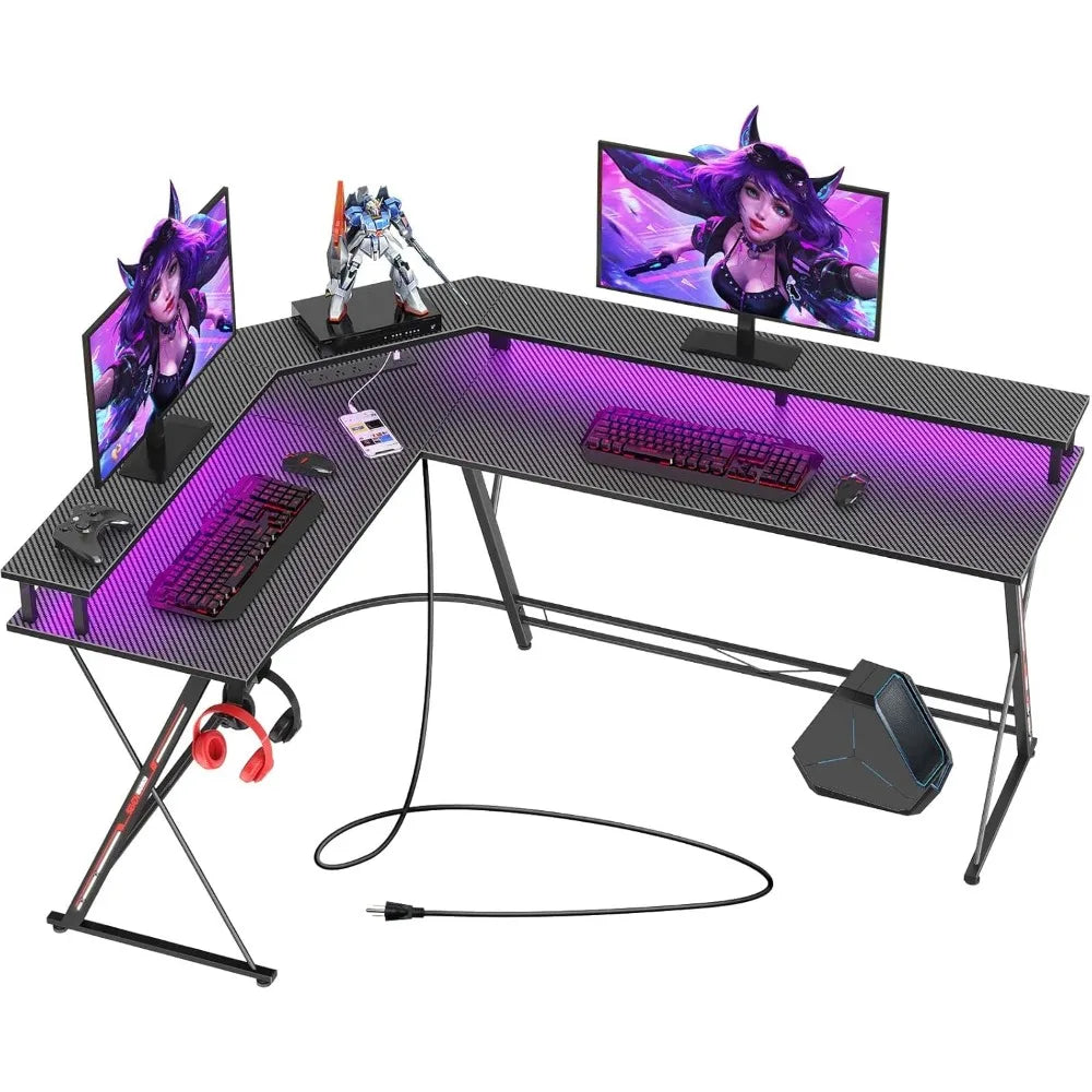 Gaming Desk, L-Shaped Gaming Desk Carbon Fiber Surface with Monitor Stand, Ergonomic Gamer Table with Headphone Hook, Pink