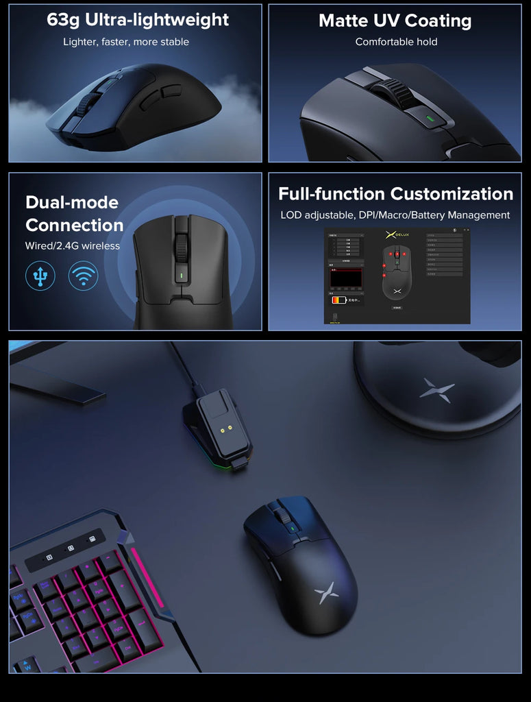 Delux M900Pro Ergonomic Wireless Gaming Mouse 8K PAW3395 Magnetic RGB Charging Dock Rechargeable Wired Mice  For Big Hand PC