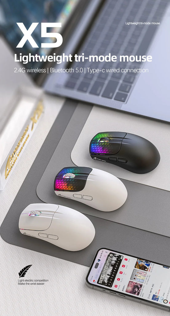 Attack Shark X5 Wireless Mouse Bluetooth Tri-Mode PAW3212 Sensor 4000DPI Optical RGB Mouse for PC Laptop Office Gaming
