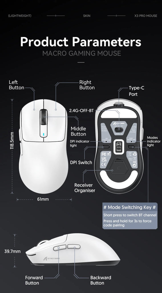 Attack Shark X3 Wireless Mouse,PixArt PAW3395 26K DPI  1K/4K Lightweight Mouse ,Tri-Mode Macro Gaming Mouse,Laptop/win/mac