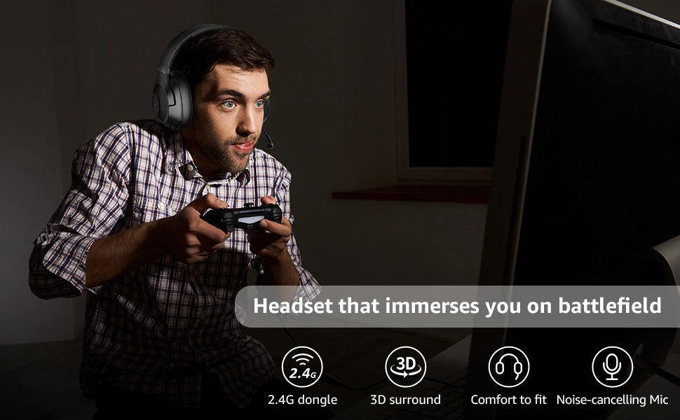 CINPUSEN UG-01 2.4Ghz Wireless Gaming Headset for PC, PS5, PS4, MacBook, with Microphone, Soft Earmuff - 40 Hours Playtime