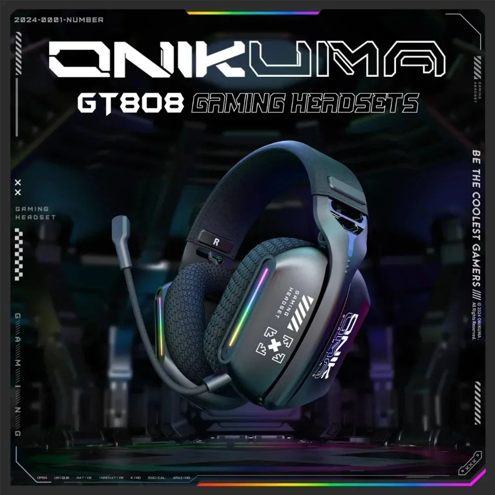 ONIKUMA Wireless Headphones RGB Lighting 2.4G Bluetooth Gaming Headset Active Noise Reduction Ultra Long Life for PC Gamer GT808