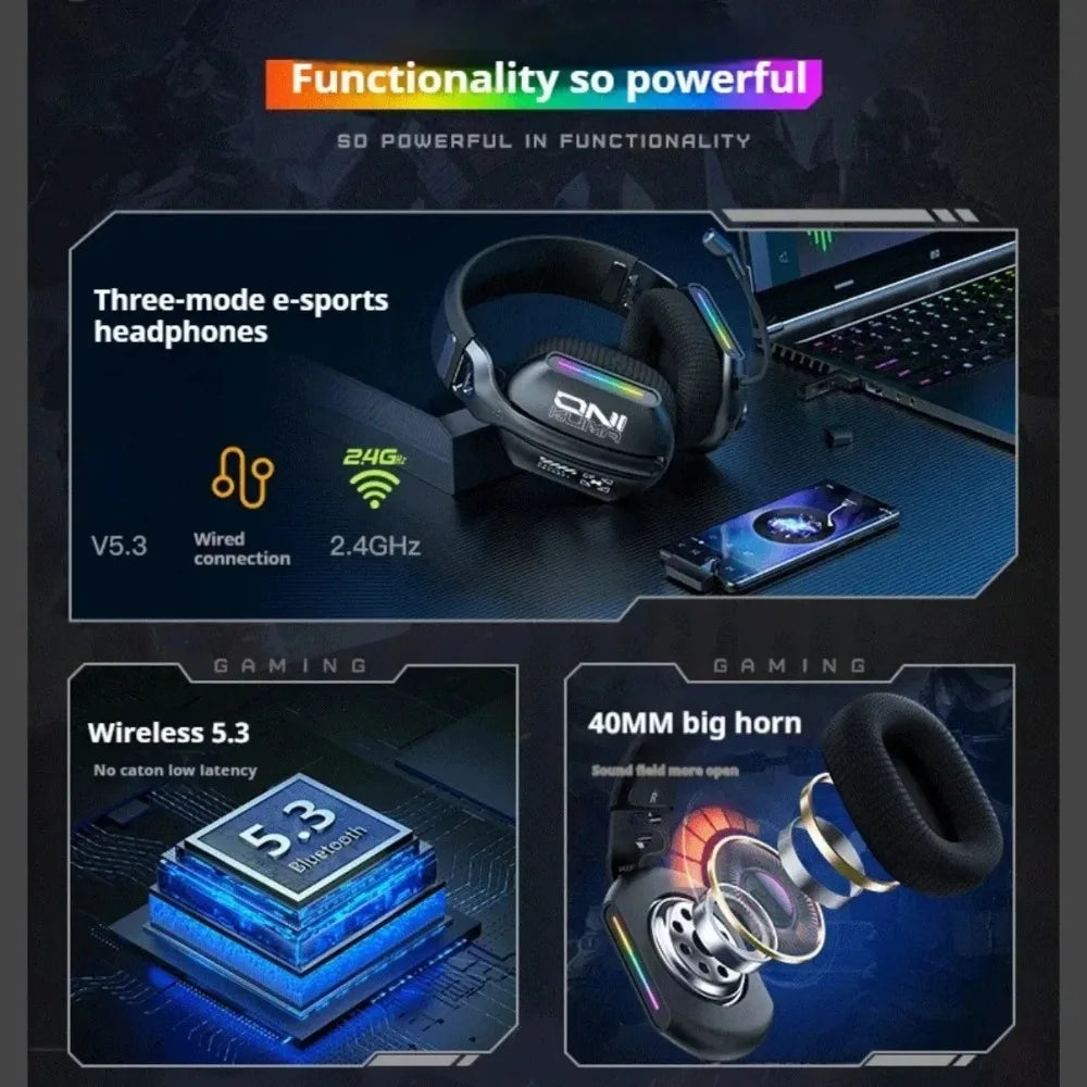 ONIKUMA Wireless Headphones RGB Lighting 2.4G Bluetooth Gaming Headset Active Noise Reduction Ultra Long Life for PC Gamer GT808