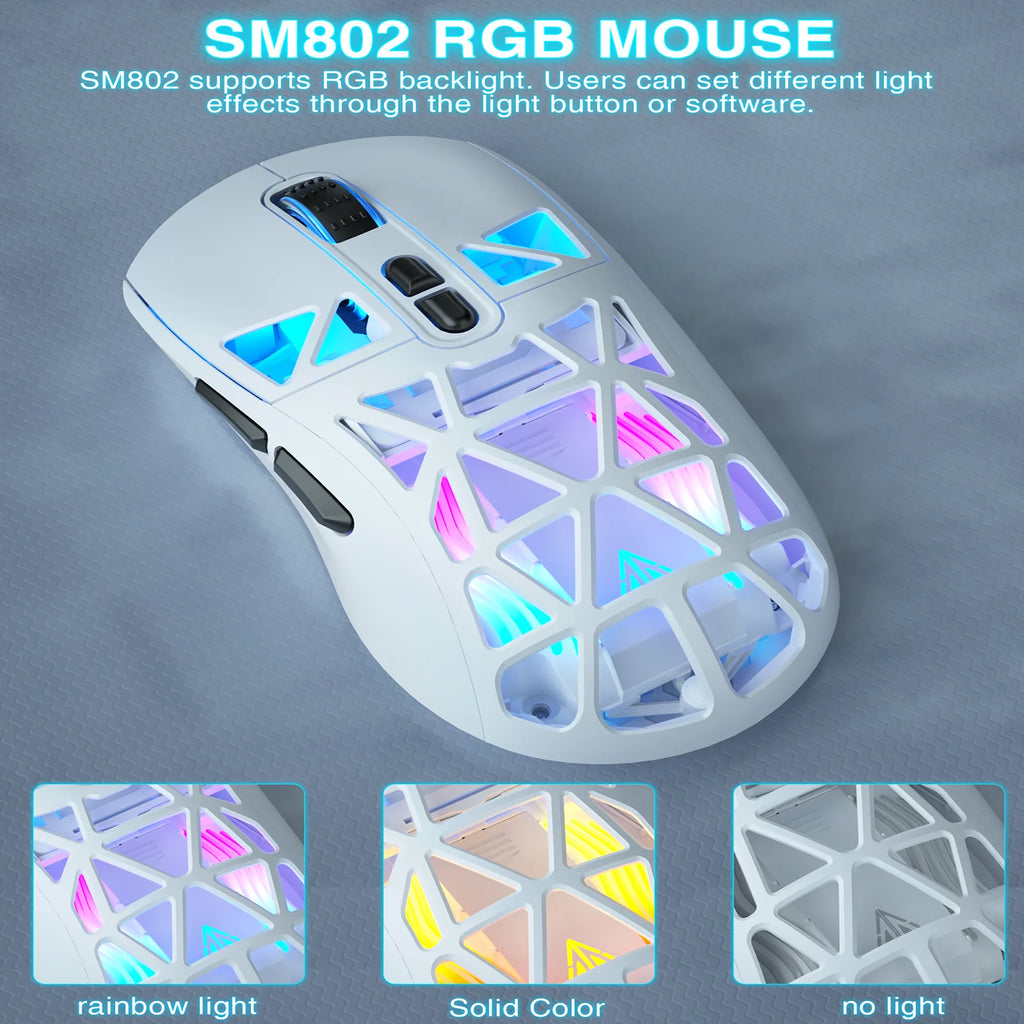 SOLAKAKA SM802 Tri-mode Gaming Mouse Wireless Silent RGB Honeycomb Gaming Mouse Ergonomic 2.4G/BT/Wired E-sports Mice For PC