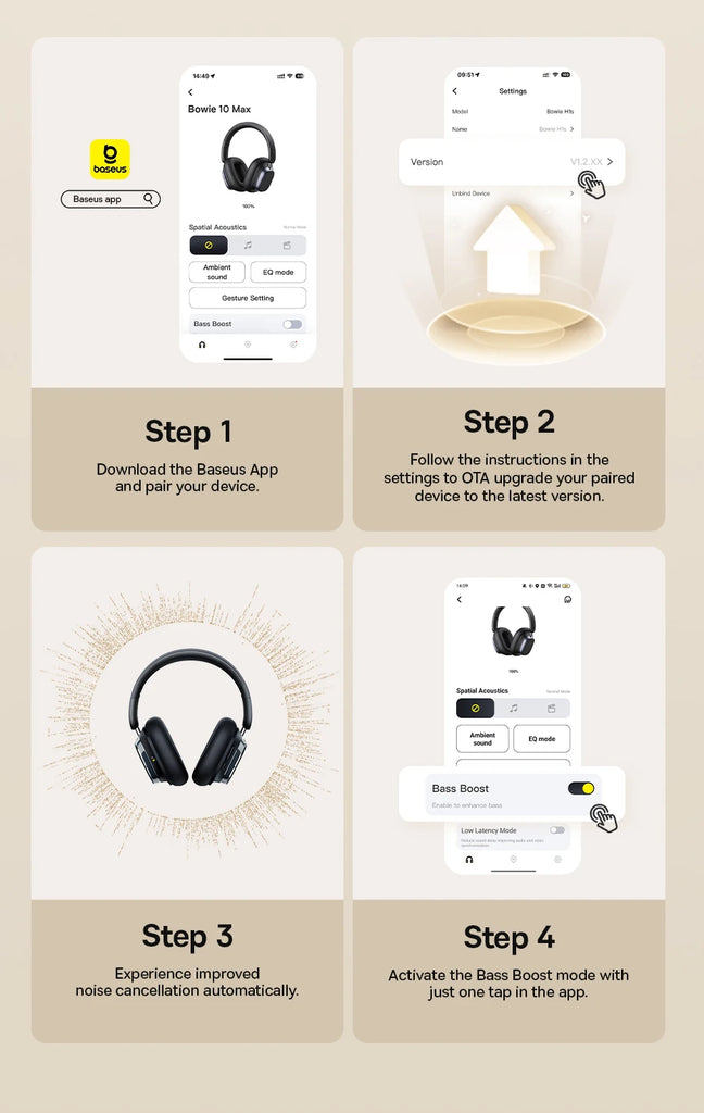Baseus Bowie 10 Max Wireless Headphones 46dB Hybrid Active Noise Cancellation Earphones Bluetooth 5.4 Hi-Res LHDC 120H Headsets