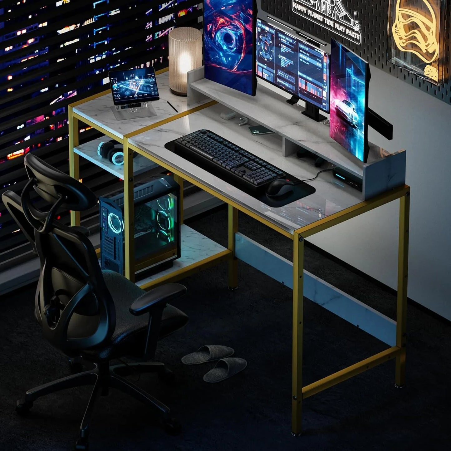 Gaming Desk with Monitor Stand, Storage and Marble Design - Adjustable Home Office Writing Desk