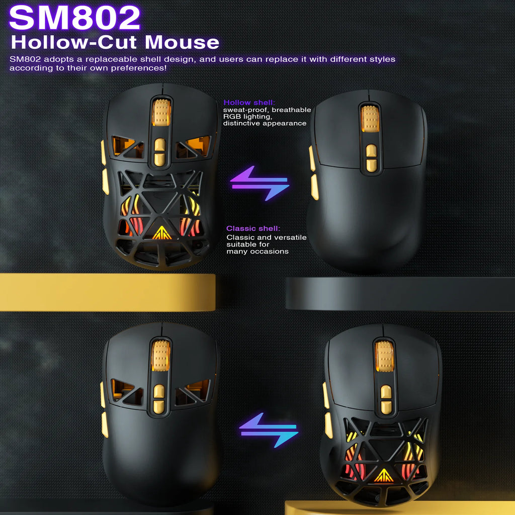 SOLAKAKA SM802 Tri-mode Gaming Mouse Wireless Silent RGB Honeycomb Gaming Mouse Ergonomic 2.4G/BT/Wired E-sports Mice For PC