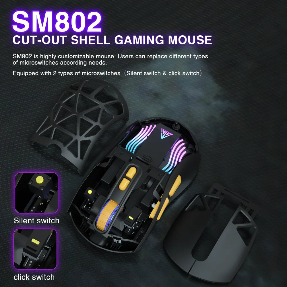 SOLAKAKA SM802 Tri-mode Gaming Mouse Wireless Silent RGB Honeycomb Gaming Mouse Ergonomic 2.4G/BT/Wired E-sports Mice For PC