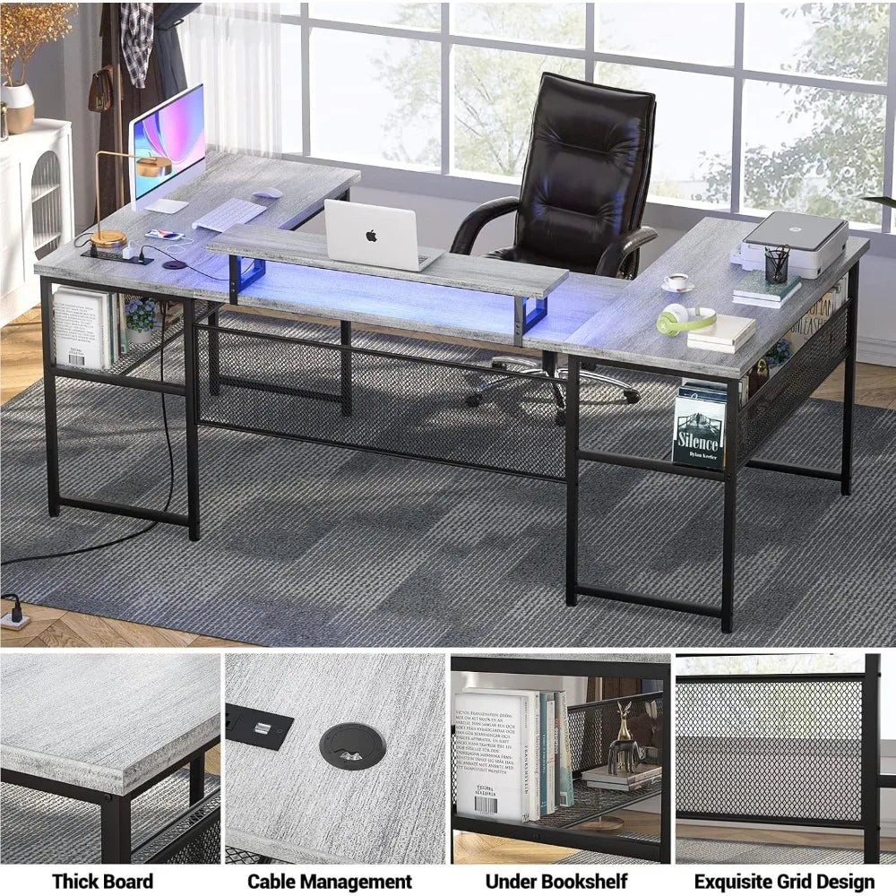 U Shaped Computer Desk with Power Outlet and LED Strip, Reversible L Shaped Office Desk with Monitor Stand and Bookshelf