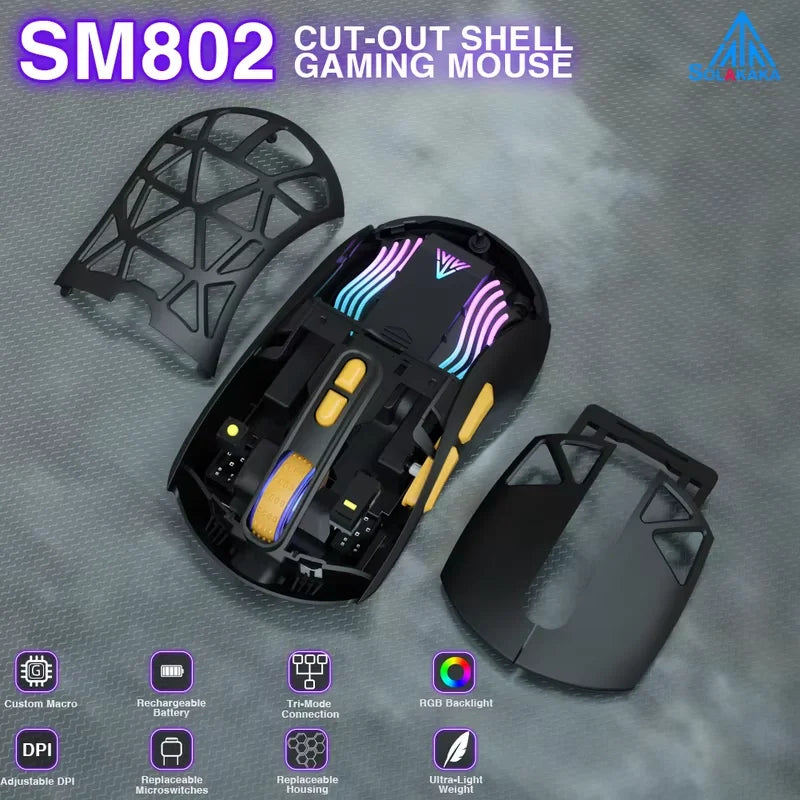 SOLAKAKA SM802 Tri-mode Gaming Mouse Wireless Silent RGB Honeycomb Gaming Mouse Ergonomic 2.4G/BT/Wired E-sports Mice For PC