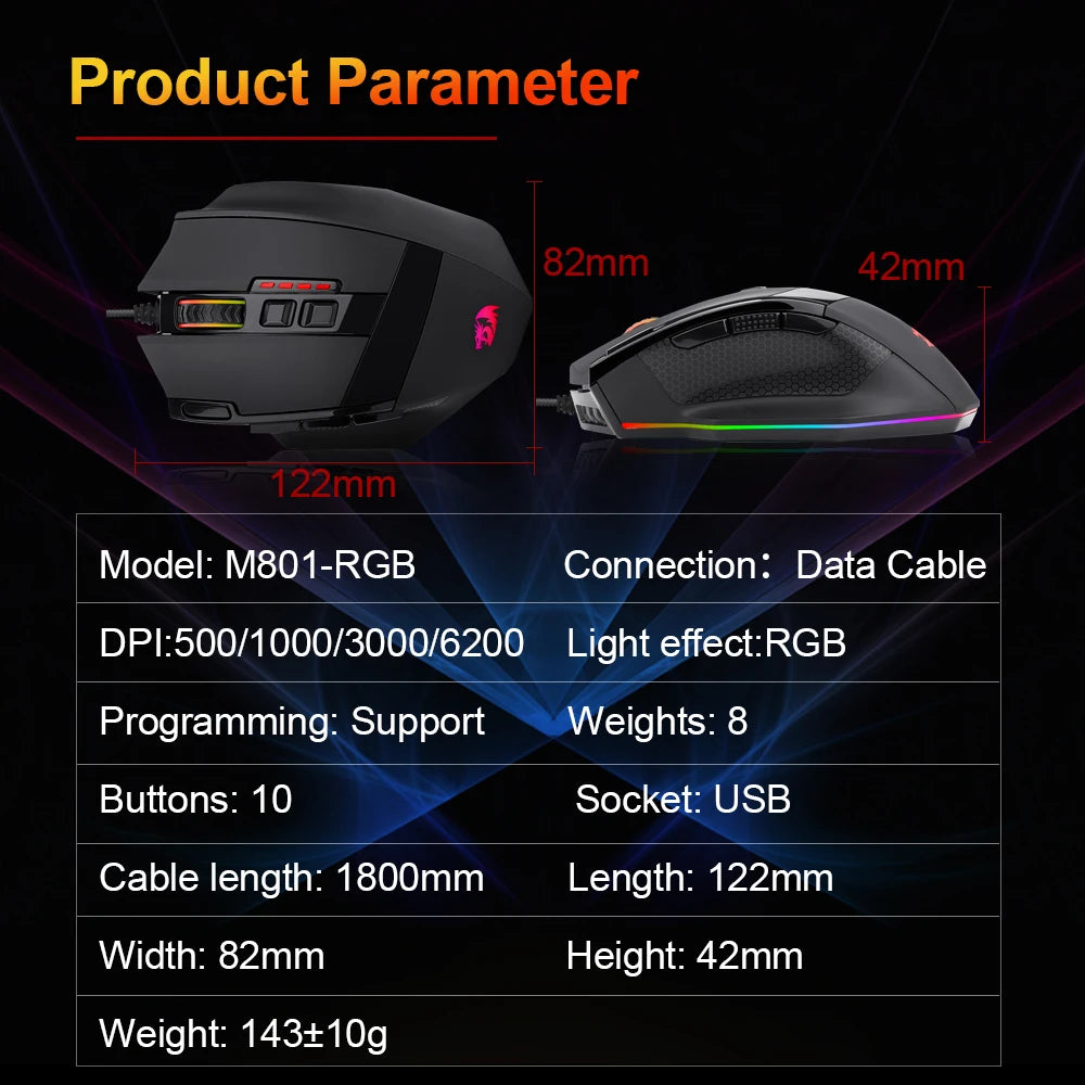 REDRAGON SNIPER M801 USB RGB Wired Gaming Mouse PAW3327 9 buttons programmable 12400DPI game Optical mice for PC Laptop Computer