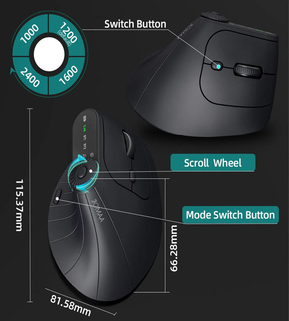 Ergonomic Vertical Wireless Mouse With Function Adjustment Knob Bluetooth 2.4G Dual Mode Wireless Rechargeable Mouse for Desktop