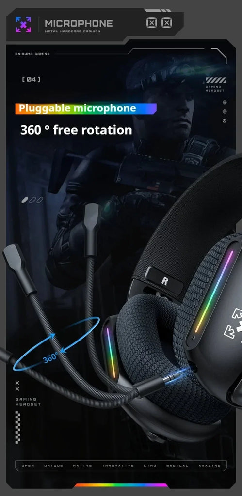ONIKUMA Wireless Headphones RGB Lighting 2.4G Bluetooth Gaming Headset Active Noise Reduction Ultra Long Life for PC Gamer GT808