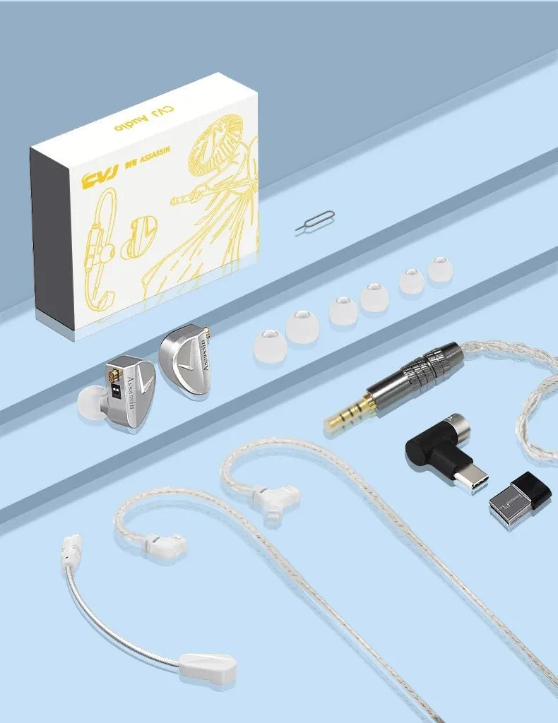 CVJ Assassin Silver in Ear Earphones 1BA+1DD+1Vibrate Game Mode HIFI Microphone Hybrid Tuning Switch Wired Earbuds IEM Headphone