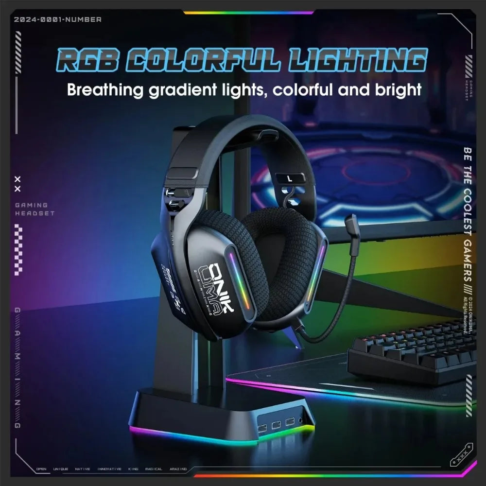 ONIKUMA Wireless Headphones RGB Lighting 2.4G Bluetooth Gaming Headset Active Noise Reduction Ultra Long Life for PC Gamer GT808