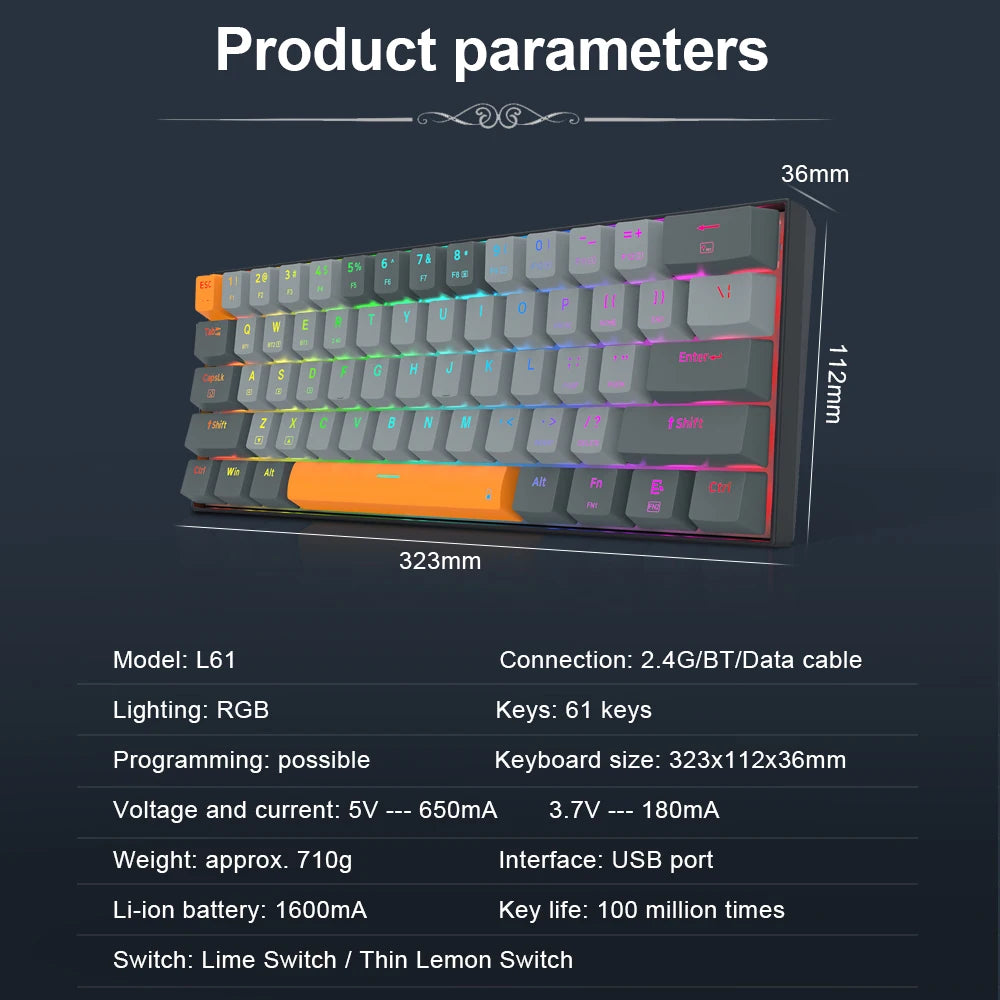 REDRAGON L61 RGB USB Mechanical Gaming Keyboard Support Bluetooth 5.0 wireless 2.4G 1.2X bigger keycap for big hand user Compute