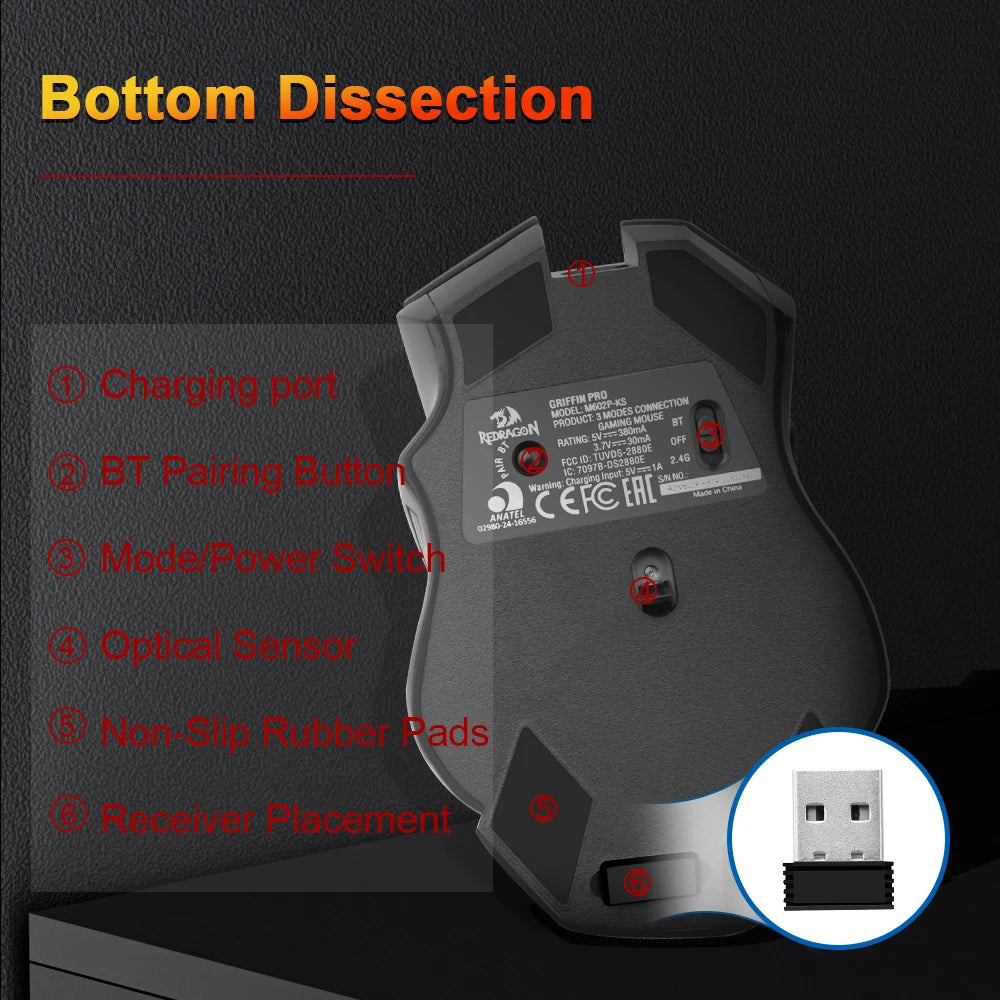 REDRAGON Griffin M602P-KS RGB USB 2.4G Wireless Support Bluetooth Wired Gaming Mouse 4800 DPI for gamer Mice Computer PC Laptop