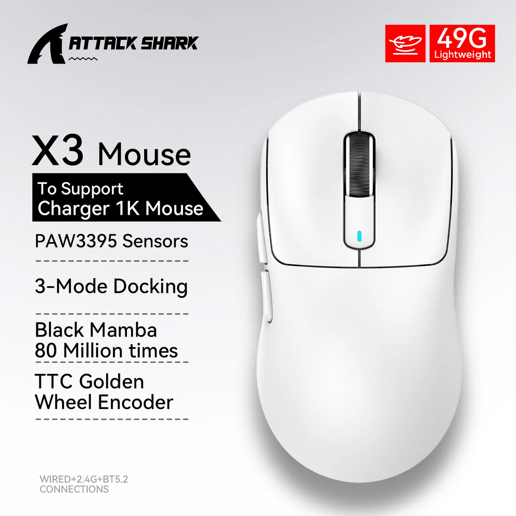 Attack Shark X3 Wireless Mouse,PixArt PAW3395 26K DPI  1K/4K Lightweight Mouse ,Tri-Mode Macro Gaming Mouse,Laptop/win/mac