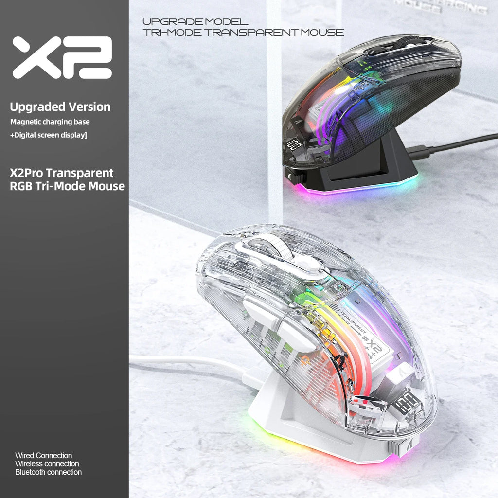 Attack Shark X2 Pro Magnetic Charging  Bluetooth Mouse, Tri-Mode , RGB Lights, Transparent, Battery Indicator, Computer Phone