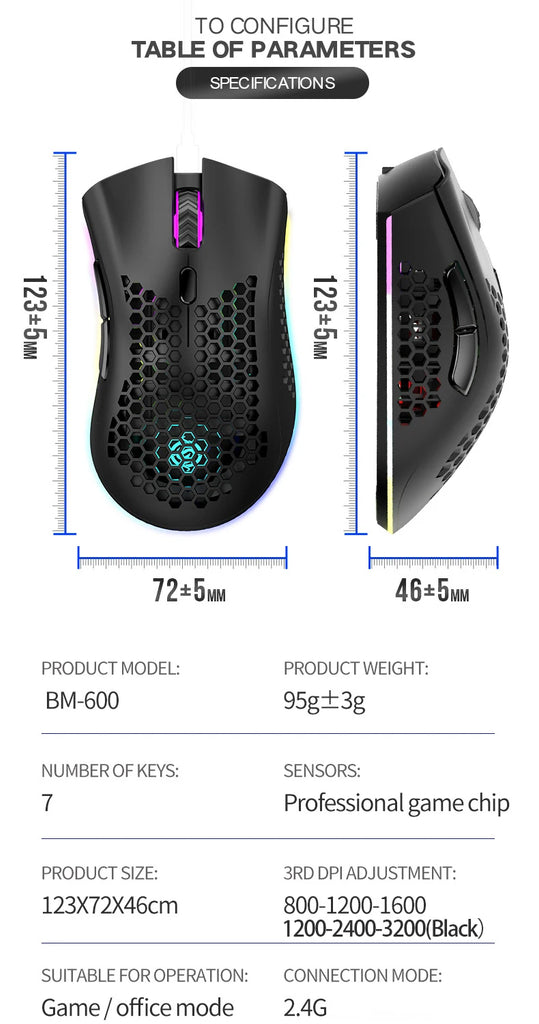 BM600 Rechargeable USB 2.4G Wireless RGB Light Honeycomb Gaming Mouse Desktop PC Computers Notebook Laptop Mice Mause Gamer Cute