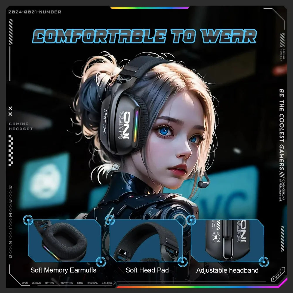 ONIKUMA Wireless Headphones RGB Lighting 2.4G Bluetooth Gaming Headset Active Noise Reduction Ultra Long Life for PC Gamer GT808