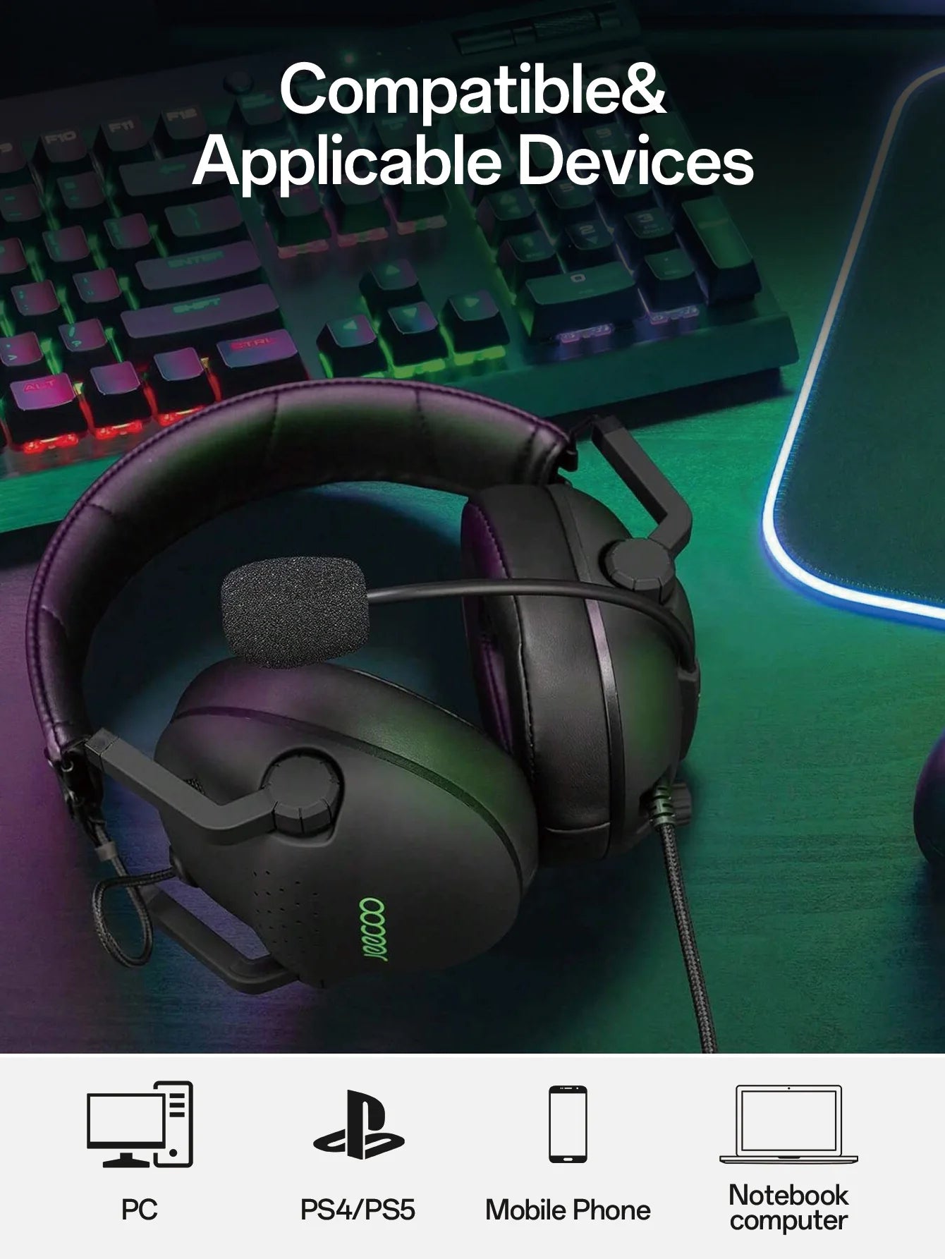 JEECOO J50 Wired Gaming Headset with Noise-Canceling Mic Suitable for PC PS4 PS5 Mobile - Over-Ear Gaming Headphones
